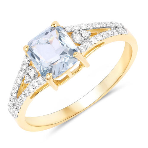 Bids.com 1.62 Carat Genuine Greenish Blue Sapphire and White Diamond 14K Yellow Gold Ring Rings