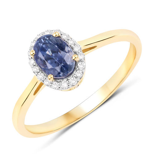 Bids.com 1.15 Carat Genuine Blue Sapphire and White Diamond 14K Yellow Gold Ring Rings