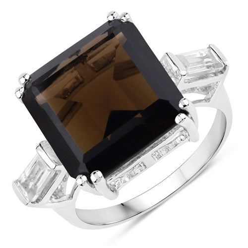 Bids.com 8.80 Carat Genuine Smoky Quartz and White Topaz .925 Sterling Silver Ring Rings