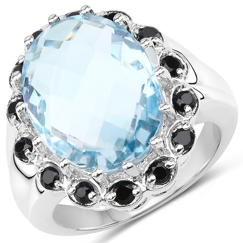 Bids.com 12.49 Carat Genuine Blue Topaz & Black Spinel .925 Sterling Silver Ring Rings