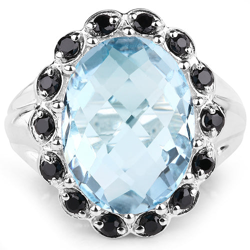 Bids.com 12.49 Carat Genuine Blue Topaz & Black Spinel .925 Sterling Silver Ring Rings