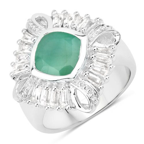 Bids.com "2.57 Carat Genuine Emerald, White Topaz and White Diamond .925 Sterling Silver Ring Rings