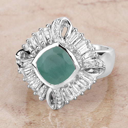 Bids.com "2.57 Carat Genuine Emerald, White Topaz and White Diamond .925 Sterling Silver Ring Rings