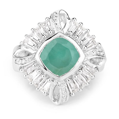 Bids.com "2.57 Carat Genuine Emerald, White Topaz and White Diamond .925 Sterling Silver Ring Rings