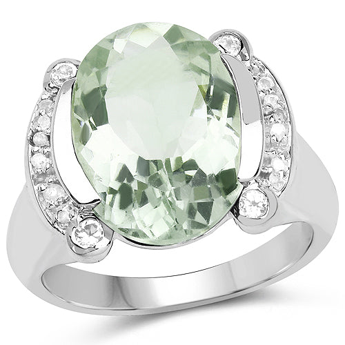 Bids.com 8.12 Carat Genuine Green Amethyst, White Topaz & White Diamond .925 Sterling Silver Ring Rings