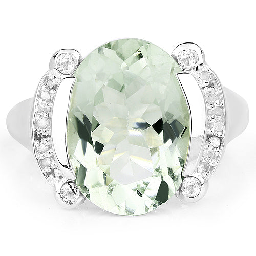 Bids.com 8.12 Carat Genuine Green Amethyst, White Topaz & White Diamond .925 Sterling Silver Ring Rings