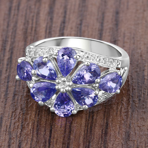 Bids.com 3.24 Carat Genuine Tanzanite and White Topaz .925 Sterling Silver Ring Rings