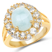 Bids.com 14K Yellow Gold Plated 6.72 Carat Genuine Aquamarine and White Topaz .925 Sterling Silver Ring Rings