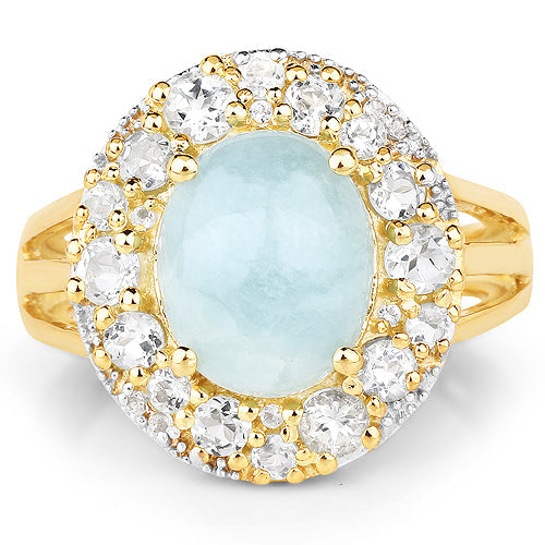 Bids.com 14K Yellow Gold Plated 6.72 Carat Genuine Aquamarine and White Topaz .925 Sterling Silver Ring Rings