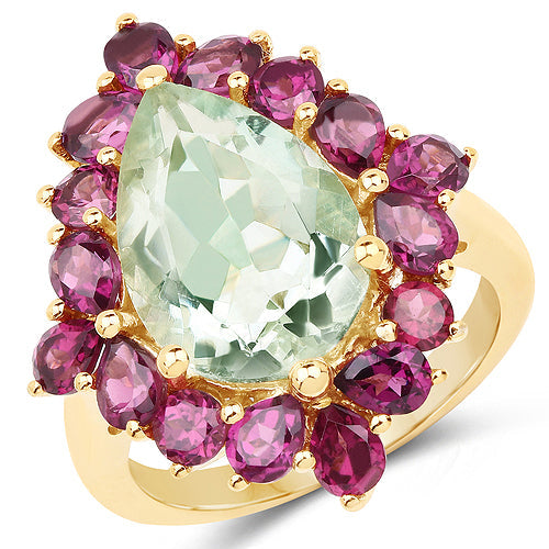 Bids.com 14K Yellow Gold Plated 7.21 Carat Genuine Green Amethyst and Rhodolite .925 Sterling Silver Ring Rings