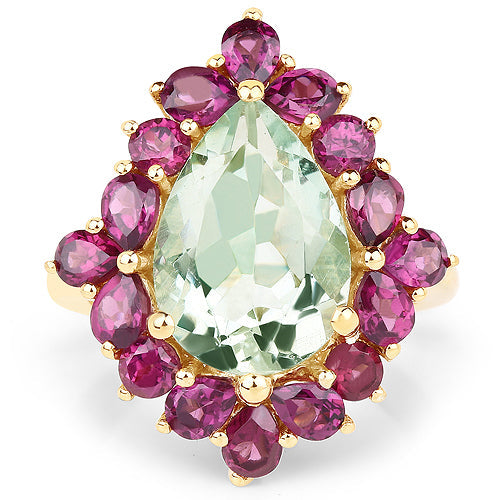 Bids.com 14K Yellow Gold Plated 7.21 Carat Genuine Green Amethyst and Rhodolite .925 Sterling Silver Ring Rings