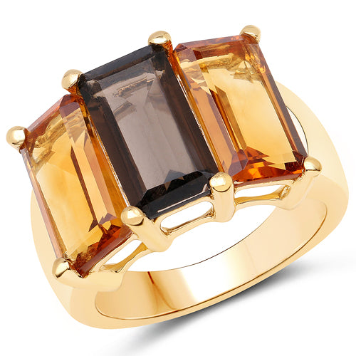Bids.com 14K Yellow Gold Plated 8.14 Carat Genuine Smoky Quartz, Citrine and Champagne Quartz .925 Sterling Silver Ring Rings