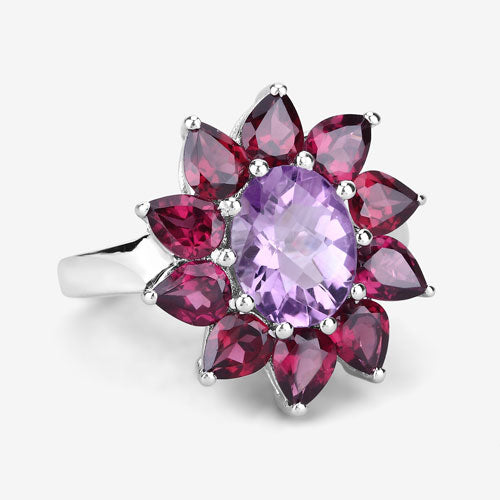 Bids.com 5.65 Carat Genuine Amethyst and Rhodolite .925 Sterling Silver Ring Rings