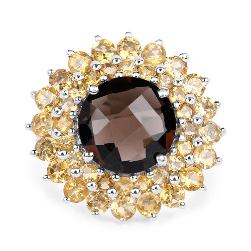 Bids.com 8.56 Carat Genuine Smoky Quartz & Citrine .925 Sterling Silver Ring Rings