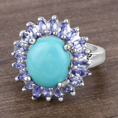 Bids.com 6.10 Carat Genuine Larimar and Tanzanite .925 Sterling Silver Ring Rings