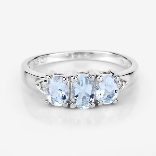Bids.com 0.95 Carat Genuine Aquamarine and White Diamond .925 Sterling Silver Ring Rings