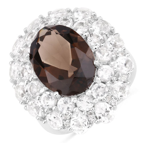 Bids.com 9.29 Carat Genuine Smoky Quartz and White Topaz .925 Sterling Silver Ring Rings