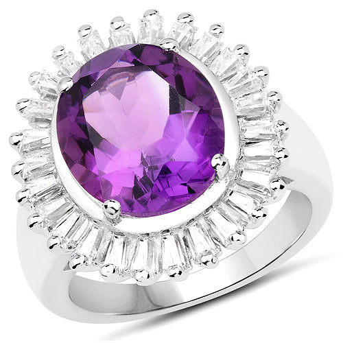 Bids.com 5.36 Carat Genuine Amethyst and White Topaz Ring in Sterling Silver Rings White Smoke size 6.00,size 7.00,size 8.00,size 5.00,size 9.00