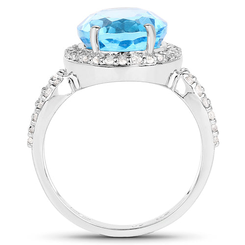 Bids.com 6.03 Carat Genuine Swiss Blue Topaz & White Topaz .925 Sterling Silver Ring Rings