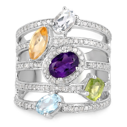 Bids.com 3.66 Carat Genuine Multi Stones .925 Sterling Silver Ring Rings
