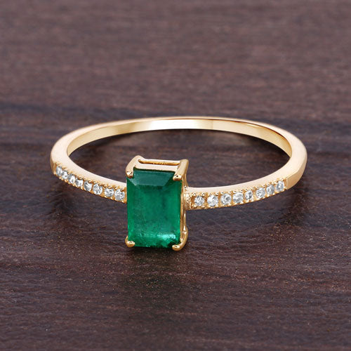 Bids.com 0.59 Carat Genuine Zambian Emerald and White Diamond 14K Yellow Gold Ring Rings