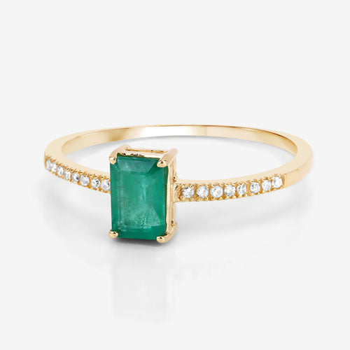 Bids.com 0.59 Carat Genuine Zambian Emerald and White Diamond 14K Yellow Gold Ring Rings