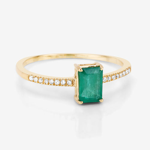Bids.com 0.59 Carat Genuine Zambian Emerald and White Diamond 14K Yellow Gold Ring Rings