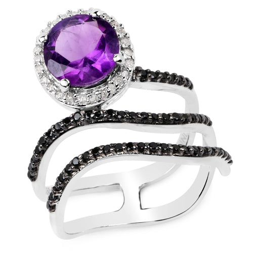Bids.com 2.31 Carat Genuine Amethyst, Black Spinel and White Diamond .925 Sterling Silver Ring Rings