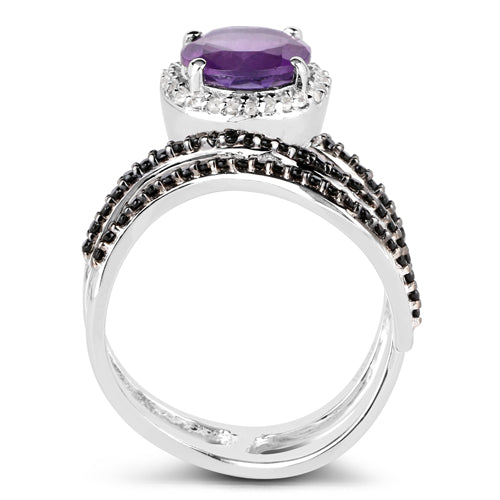 Bids.com 2.31 Carat Genuine Amethyst, Black Spinel and White Diamond .925 Sterling Silver Ring Rings