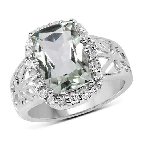 Bids.com 3.94 Carat Genuine Green Amethyst and White Topaz .925 Sterling Silver Ring Rings