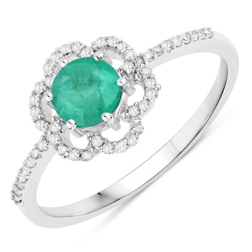 Bids.com 0.55 Carat Genuine Zambian Emerald and White Diamond 14K White Gold Ring Rings