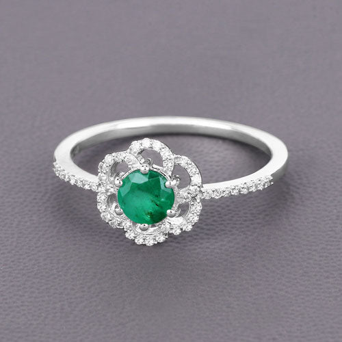 Bids.com 0.55 Carat Genuine Zambian Emerald and White Diamond 14K White Gold Ring Rings