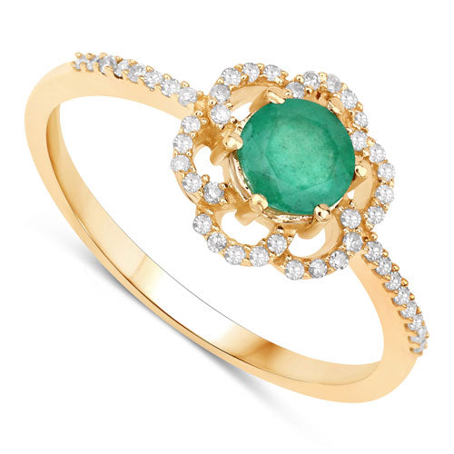 Bids.com 0.55 Carat Genuine Zambian Emerald and White Diamond 14K Yellow Gold Ring Rings