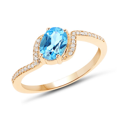 Bids.com 1.04 Carat Genuine Swiss Blue Topaz and White Diamond 14K Yellow Gold Ring Rings