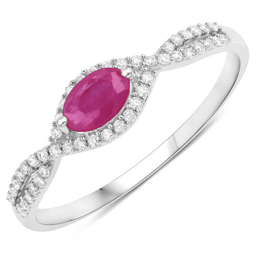 Bids.com 0.40 Carat Genuine Ruby and White Diamond 14K White Gold Ring Rings