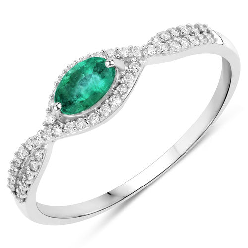 Bids.com 0.32 Carat Genuine Zambian Emerald and White Diamond 14K White Gold Ring Rings
