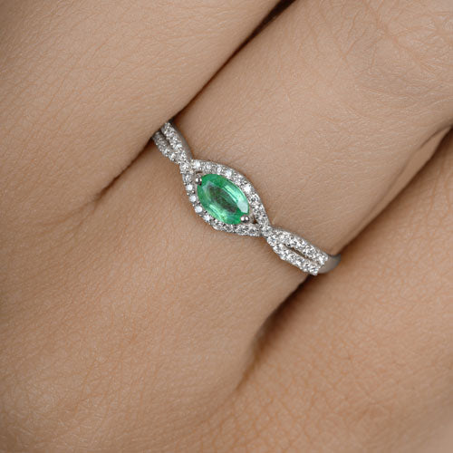 Bids.com 0.32 Carat Genuine Zambian Emerald and White Diamond 14K White Gold Ring Rings