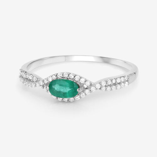 Bids.com 0.32 Carat Genuine Zambian Emerald and White Diamond 14K White Gold Ring Rings