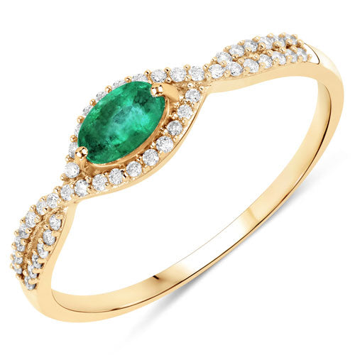 Bids.com 0.32 Carat Genuine Zambian Emerald and White Diamond 14K Yellow Gold Ring Rings
