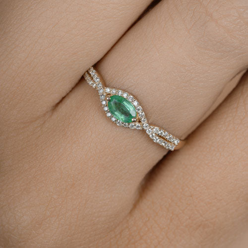 Bids.com 0.32 Carat Genuine Zambian Emerald and White Diamond 14K Yellow Gold Ring Rings