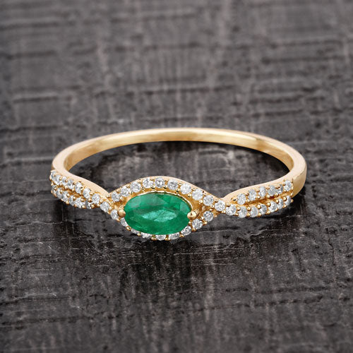 Bids.com 0.32 Carat Genuine Zambian Emerald and White Diamond 14K Yellow Gold Ring Rings