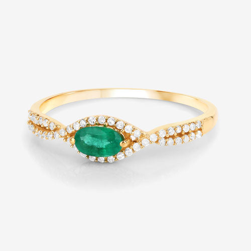 Bids.com 0.32 Carat Genuine Zambian Emerald and White Diamond 14K Yellow Gold Ring Rings