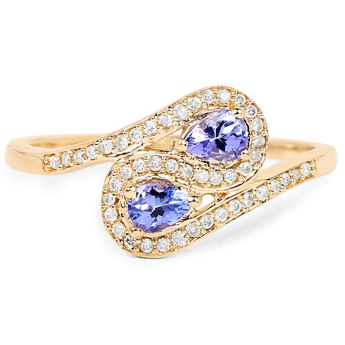 Bids.com 0.42 Carat Genuine Tanzanite and White Diamond 14K Yellow Gold Ring Rings