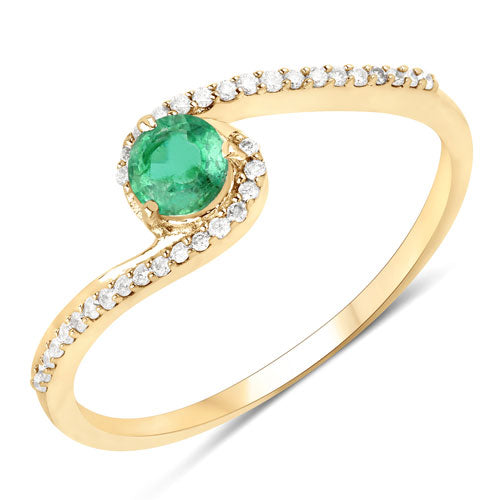 Bids.com 0.33 Carat Genuine Zambian Emerald and White Diamond 14K Yellow Gold Ring Rings