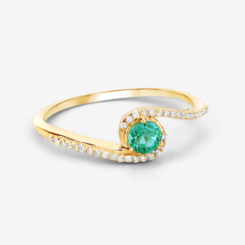 Bids.com 0.33 Carat Genuine Zambian Emerald and White Diamond 14K Yellow Gold Ring Rings