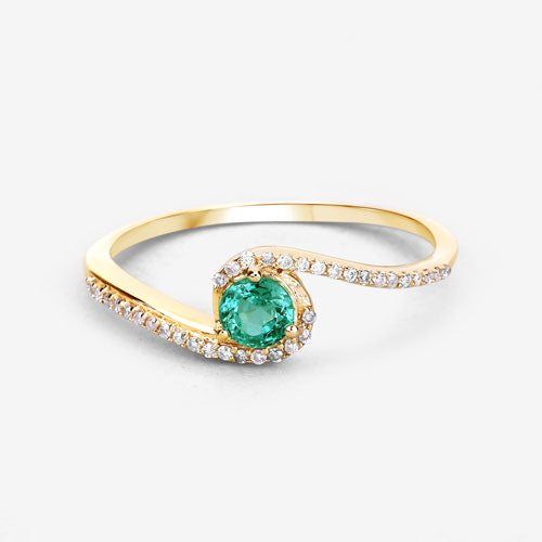 Bids.com 0.33 Carat Genuine Zambian Emerald and White Diamond 14K Yellow Gold Ring Rings