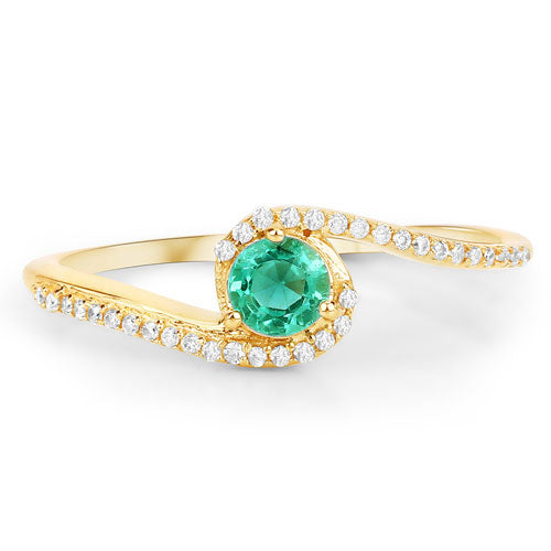 Bids.com 0.33 Carat Genuine Zambian Emerald and White Diamond 14K Yellow Gold Ring Rings