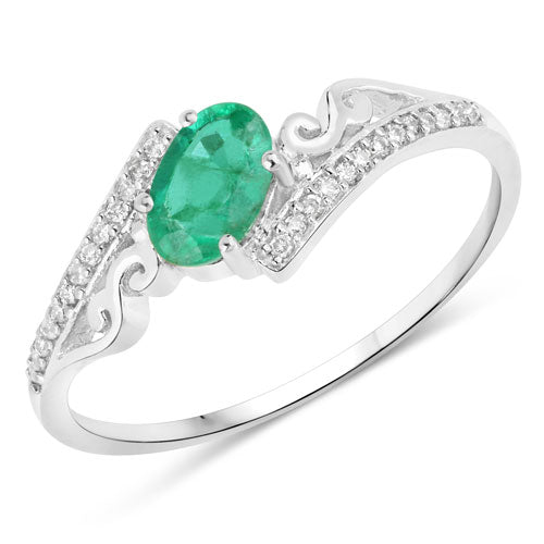 Bids.com 0.51 Carat Genuine Zambian Emerald and White Diamond 14K White Gold Ring Rings