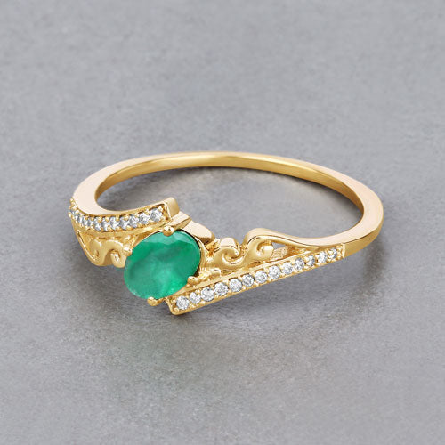 Bids.com 0.51 Carat Genuine Zambian Emerald and White Diamond 14K Yellow Gold Ring Rings