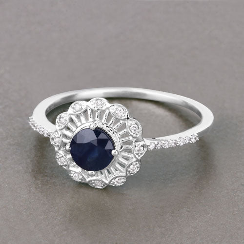 Bids.com 0.72 Carat Genuine Blue Sapphire and White Diamond 14K White Gold Ring Rings
